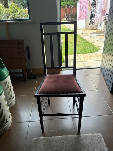 Pair of black wooden Edwardian casual chairs with velvet seats