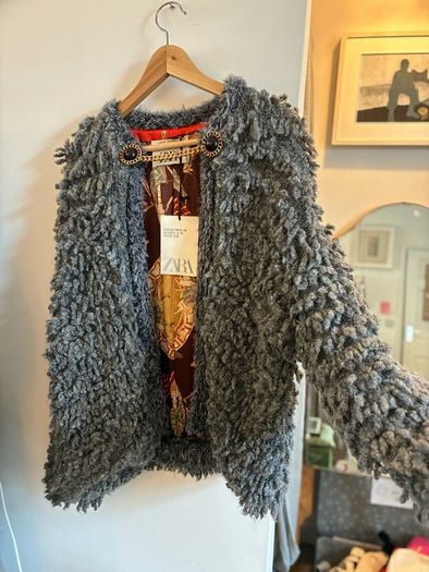 Zara faux sherling grey open coat with chain closure