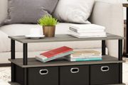 3-Tier Modern Coffee Table with Shelves and Storage Bins, Easy Assembly Side Table with Open Shelf, for Living Room, Bedroom, Home Office, French Oak