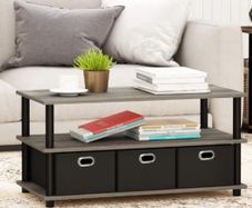 3-Tier Modern Coffee Table with Shelves and Storage Bins, Easy Assembly Side Table with Open Shelf, for Living Room, Bedroom, Home Office, French Oak
