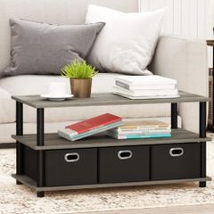 3-Tier Modern Coffee Table with Shelves and Storage Bins, Easy Assembly Side Table with Open Shelf, for Living Room, Bedroom, Home Office, French Oak