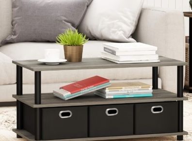 3-Tier Modern Coffee Table with Shelves and Storage Bins, Easy Assembly Side Table with Open Shelf, for Living Room, Bedroom, Home Office, French Oak