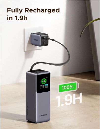 UGREEN 20000mAh 165W Power Bank Fast Charging, Built-in Retractable USB C Cable 3-Way Output Laptop Portable Charger
