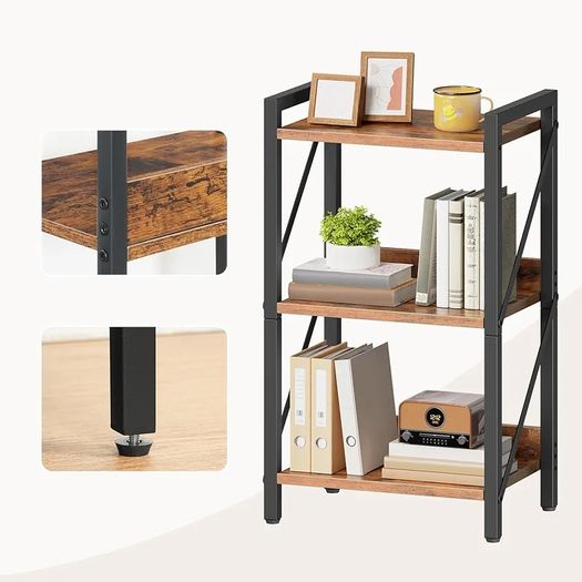 3-Tier Bookshelf, Industrial Corner Bookcase, Display Rack, Metal Frame, for Living Room, Bedroom, Office, Kitchen, Entryway, Rustic Brown and Black