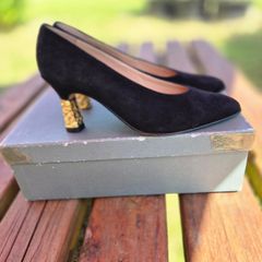 Di Sandro by Bruno Magli Black Suede Pumps with Gold Nugget Heels, EU36.5 , UK3.5, AV