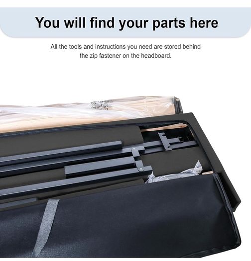 Double Bed Frame, Dark Grey, Upholstered Wooden Slat Bed Frame with Headboard