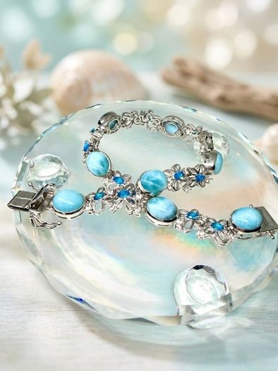 Silver bracelet Larimar & Neon Apatite Cluster Bracelet