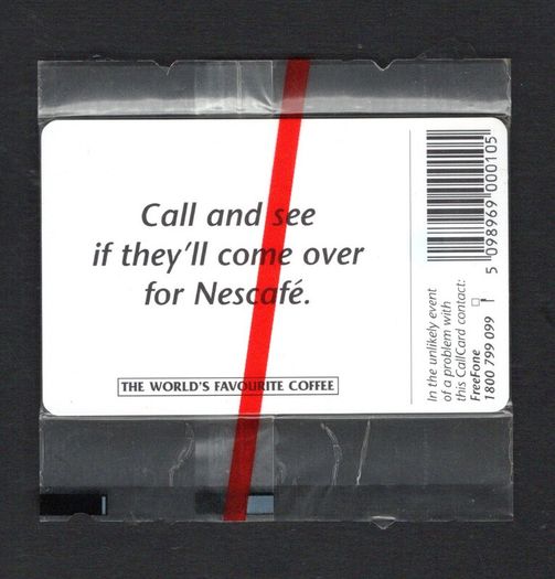 1997 Ireland 10 unit Nescafe coffee. The slogan Call and see if they'll come over for Nescafe (Gemplus GEM1) Call Card Mint in packaging. Telecom Eireann no 1186