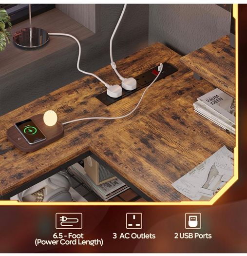 106.5CM L-Shaped Desk with 3 Power Outlets, 2 USB Ports & LED Strip Lights, Reversible Corner Workstation with Shelves & Hooks for Office & Gaming