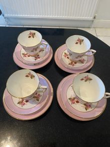 Beautiful pink and floral Royal Tara cups and saucers and plates