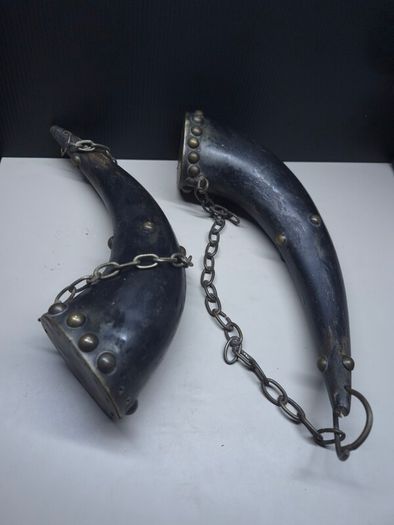 Pair of Vintage Brass Decorative Horns with Brass Chains