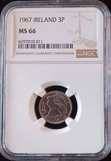 1967 Ireland 3pence coin NGC MS66. TOP GRADED