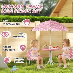 Kids Patio Table and Chair Set, Kids Garden Furniture with Umbrella, 4-Piece Bistro Set for Garden, Pink