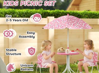 Kids Patio Table and Chair Set, Kids Garden Furniture with Umbrella, 4-Piece Bistro Set for Garden, Pink