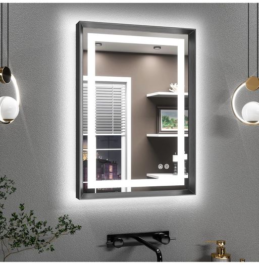 Black Bathroom Mirror with Led Lights 50x70cm, Antifog Wall Vanity Mirror Black Frame