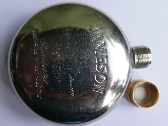 Vintage Jameson  Whiskey Hip Flask Round Flask, Pewter, brass- Screw Top