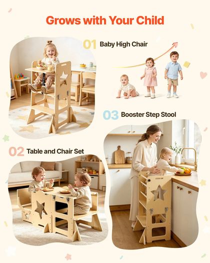Toddler Tower, Wooden, 6 in 1 Kitchen Step Stool for Kids 1-5, Montessori Weaning Table and Chair Set