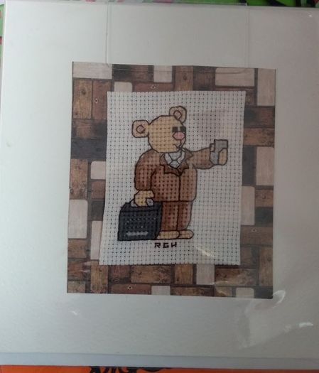 Homemade X-stitch Greeting Card:- Business Bear