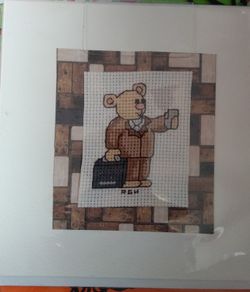 Homemade X-stitch Greeting Card:- Business Bear