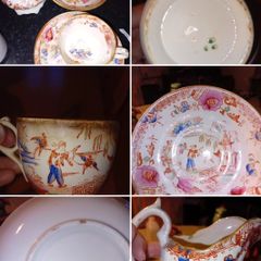 Variety of old delph and blue and white ceramic platters.