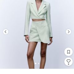 Zara sage green playsuit drape jumpsuit mini dress suit ( jacket + skirt )XS 6/8