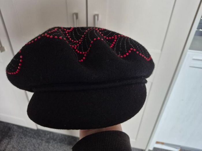 Wool Beret | Black with Red Floral Rhinestones