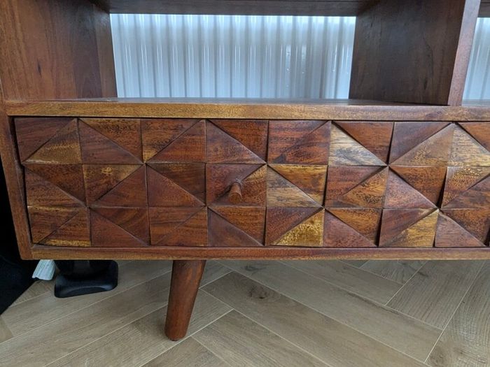 Solid Wood TV Stand with Geometric Carved Drawers