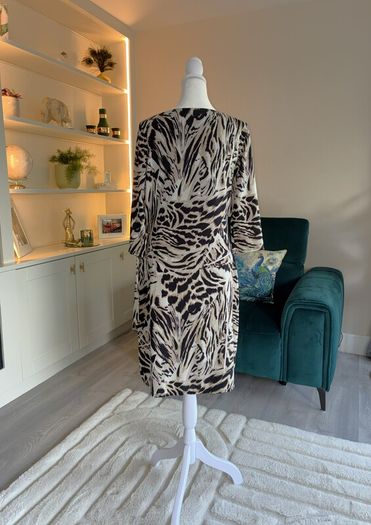 Wallis Ladies Knee-length Black and Beige Animal-print Dress with gathered side tie.