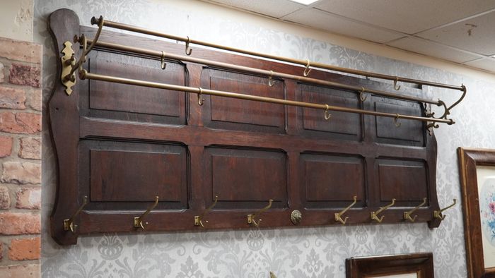 Large Arts & Crafts Style Oak & Brass Wall Coat Rack c.1900