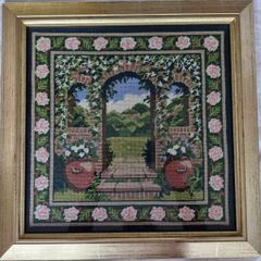 Set of 2 hand made garden tapestries 48cm x 48cm including frame