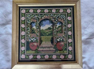 Set of 2 hand made garden tapestries 48cm x 48cm including frame