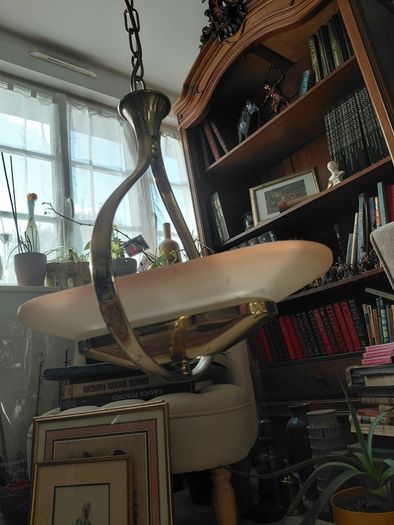Antique French brass ceiling light with glass shade