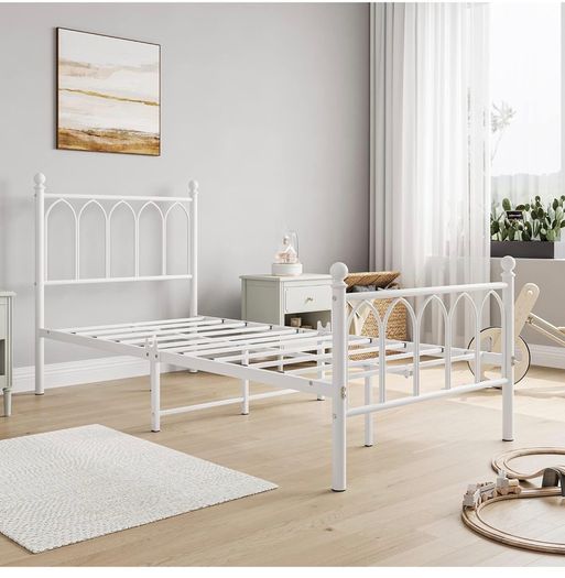 3ft Single Metal Bed Frame with Headboard, White Heavy Duty Foundation, Metal Slat Support, Underbed Storage, Easy Assembly, for Bedroom Dorm Guest Room
