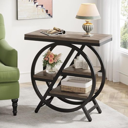 Industrial Side Table 3-Tier Narrow Side Table with Storage Space Metal Frame