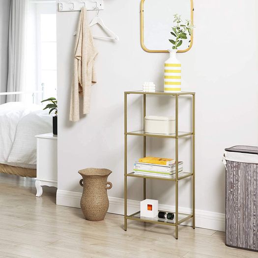 bathroom shelf, standing shelf, kitchen shelf, hallway shelf, living room shelf, plant shelf with 4 shelves made of tempered glass, stable, easy to assemble, living room, bedroom, office, gold-colored