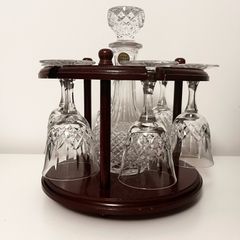 Vintage Crystal Decanter Stand with Six Glasses and Crystal Cut Decanter
