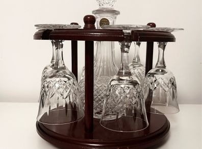 Vintage Crystal Decanter Stand with Six Glasses and Crystal Cut Decanter