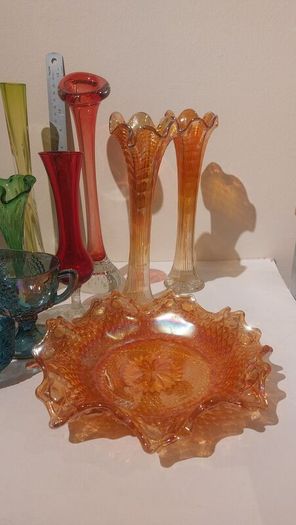 Fabulous Pair of Antique/Vintage Imperial Glass Company Carnival Glass Ripple Swung Vases in the Ombre Marigold Opalescent Colourway, Circa 1907 -1930, Priced as a Pair