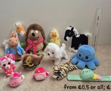 Teddy bears, dolls, soft toys and plush toys.