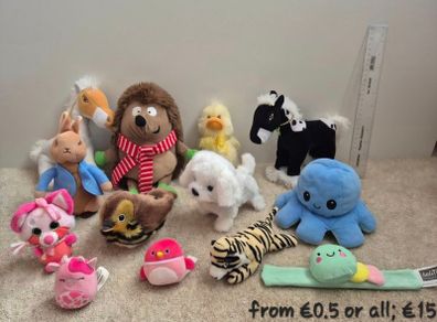 Teddy bears, dolls, soft toys and plush toys.