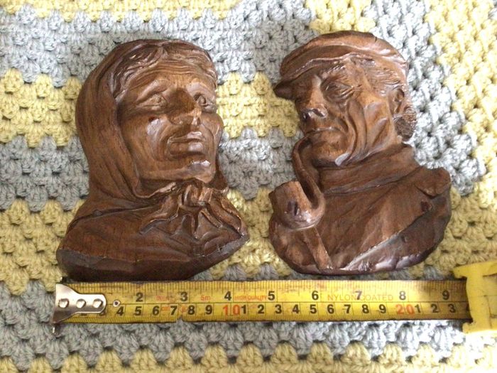A Pair Of french vintage Wooden carved Hangemalt Man & Woman wall plaques