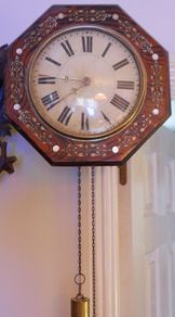 Victorian Wag On The Wall clock with mother of pearl - Victorian Dial Clock in Brass Inlaid Case, Convex Glass (in working order)