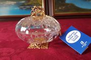 Killarney Crystal Cut Crystal Glass Happy Birthday Lidded Jewelry Dish / Bowl With 24 Carat Gold Cover Handle and Footed Base Finishing Made In Ireland