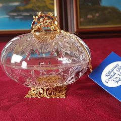 Killarney Crystal Cut Crystal Glass Happy Birthday Lidded Jewelry Dish / Bowl With 24 Carat Gold Cover Handle and Footed Base Finishing Made In Ireland