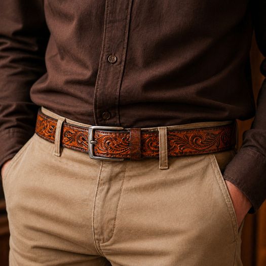 Unisex Genuine Leather Belt Vintage Embossed Design with Antique Buckle Casual & Formal Waist Belt