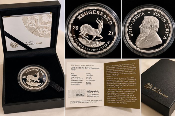 2021 South Africa 1 Rand 1 oz Silver Coin - Krugerrand . Proof.