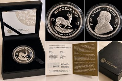2021 South Africa 1 Rand 1 oz Silver Coin - Krugerrand . Proof.