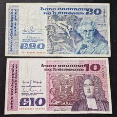 Ireland 20 Pound 1989 And 10 Pound 1986 banknotes