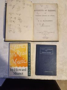 3 X Music Books Vintage For Sale. 1 X The Rudiments Of Harmony By G.a. Macfarren. Large Volume Hardback. 2 X Pianist's Handbook.  V1. By Franklin Peterson. Hardback In Good Condition.  3 X Learn To Read Music. By Howard Shanet. 1969 Paperback In Good Cond
