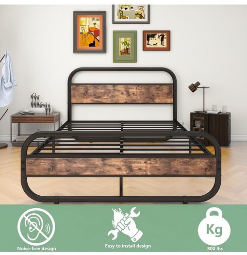 King Size Bed Metal Platform Bed Frame with Wood Headboard